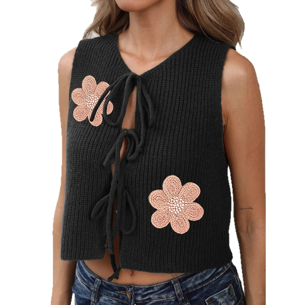 Women's sleeveless lace-up bow tie vest cardigan in deer plush fabric with floral pattern