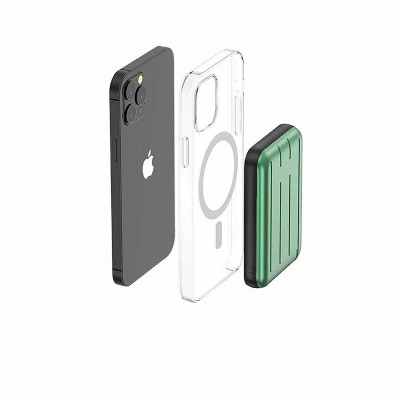 Blue 15W magnetic wireless power bank for iPhone showing front and side views.