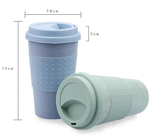 Eco-friendly wheat straw coffee cup with silicone lid in green, pink, and blue
