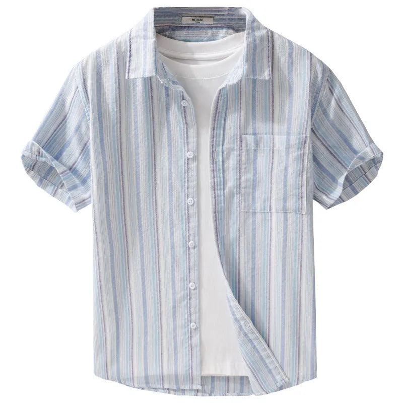 Summer menswear striped minimalist short sleeve shirt in light blue stripe, loose fit cotton blend linen