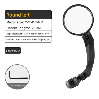 Bike mirror with acrylic lens mounted on bicycle handlebar showing 360° rotation capability