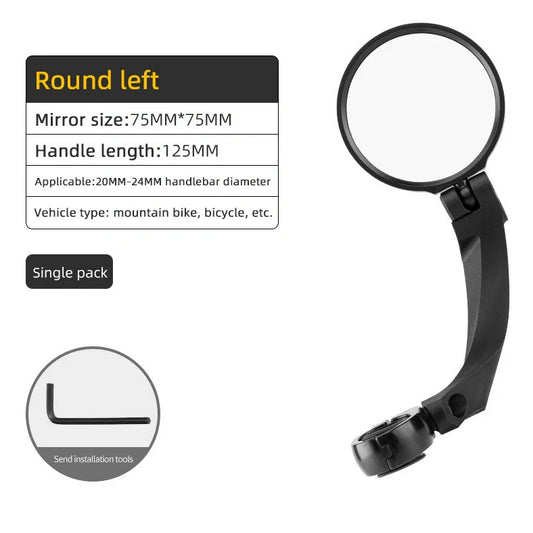 Bike mirror with acrylic lens mounted on bicycle handlebar showing 360° rotation capability