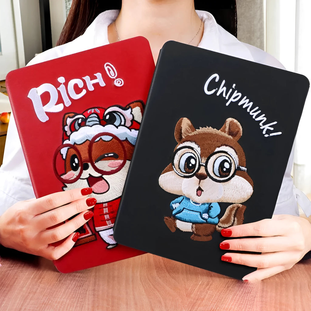 Cartoon design imitation leather silicone protective sleeve for Apple iPad with included screen protector.