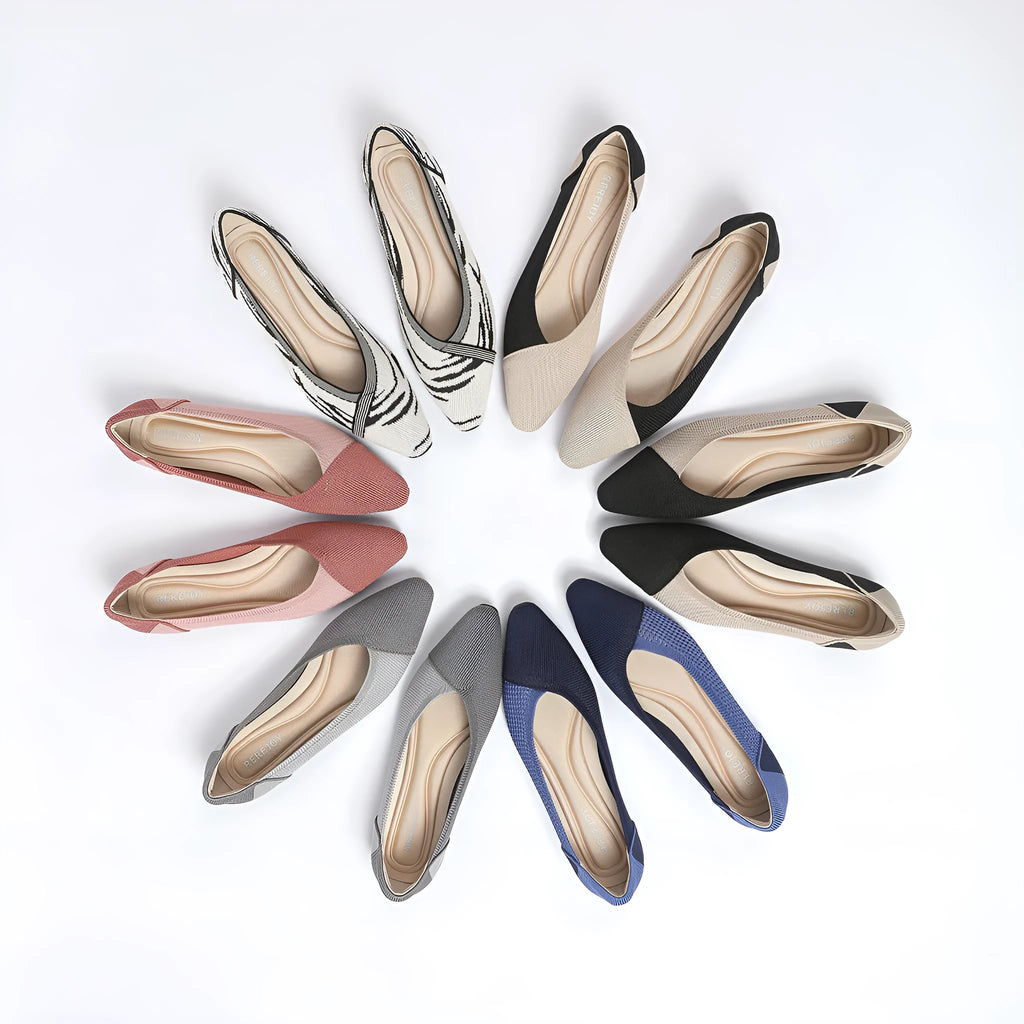 Women's flyknit woven flat shoes in multiple colours on a white background