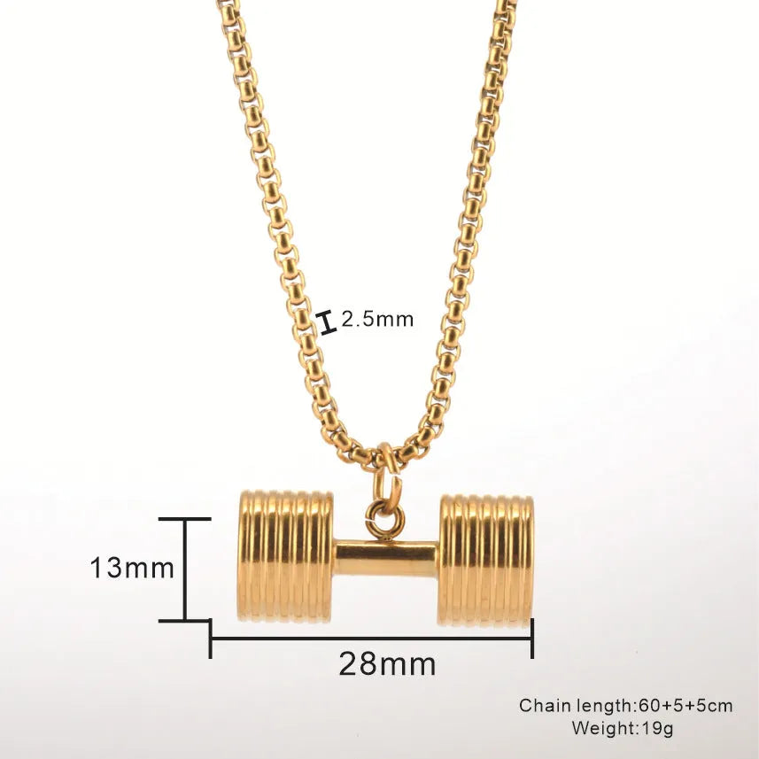 Multi-piece titanium steel dumbbell pendant necklace key body on pearl chain, unisex, 28mm width, steel colour