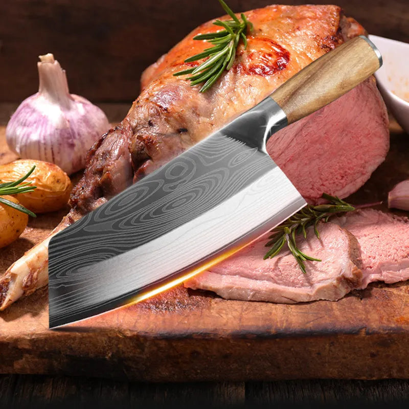 Stainless steel kitchen knife with a long 320mm blade made from 40cr13 steel.