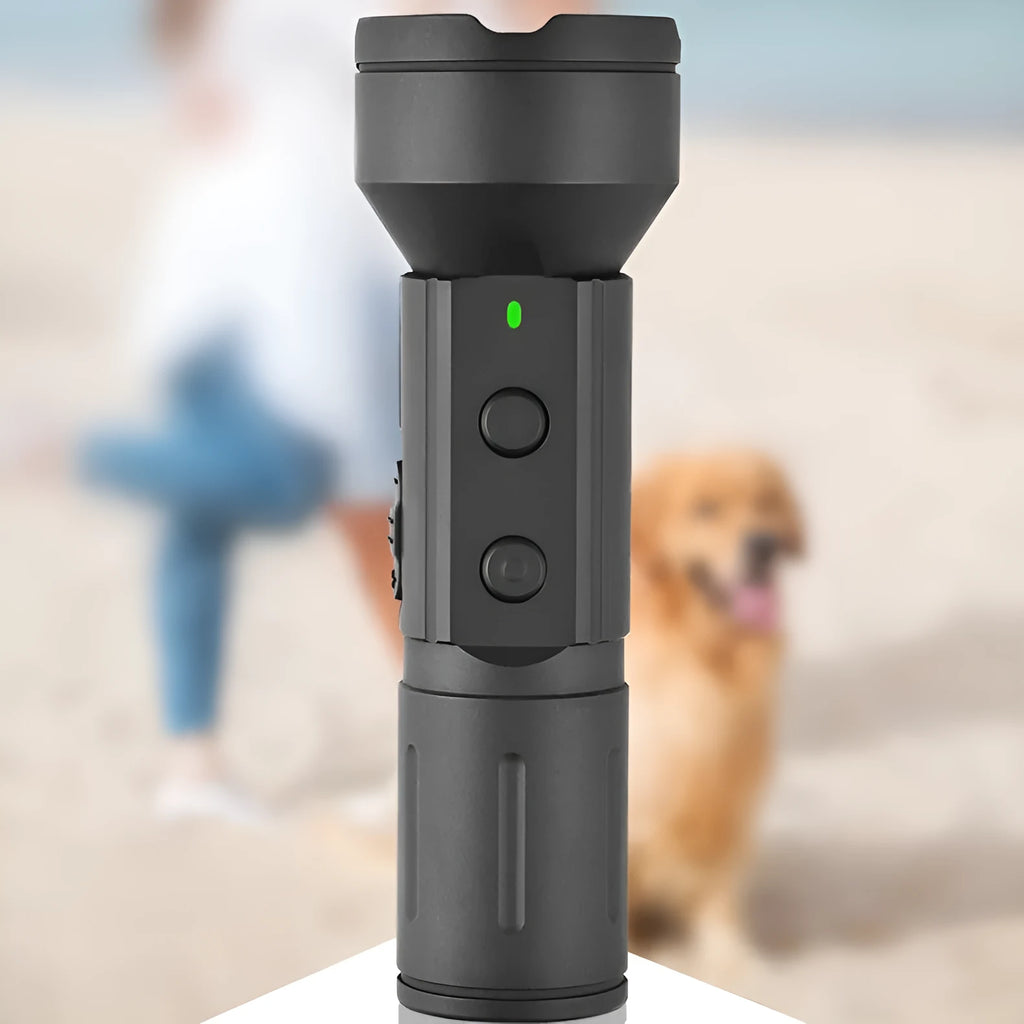 Black plastic ultrasonic bark stopper for outdoor use with charging cable