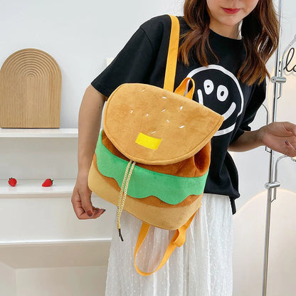 Hamburger-shaped plush backpack for girls with adjustable drawstring