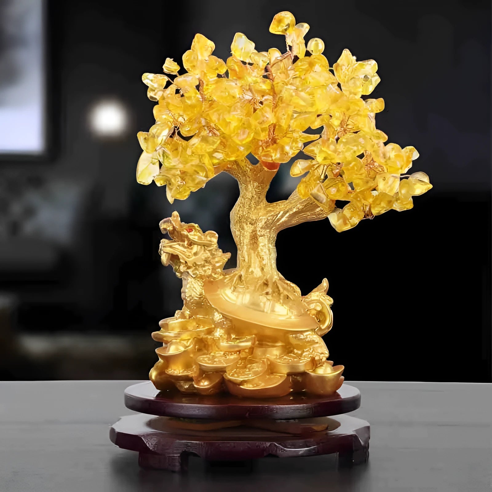 Citrine-coloured resin turtle money tree ornament with Chinese design style.