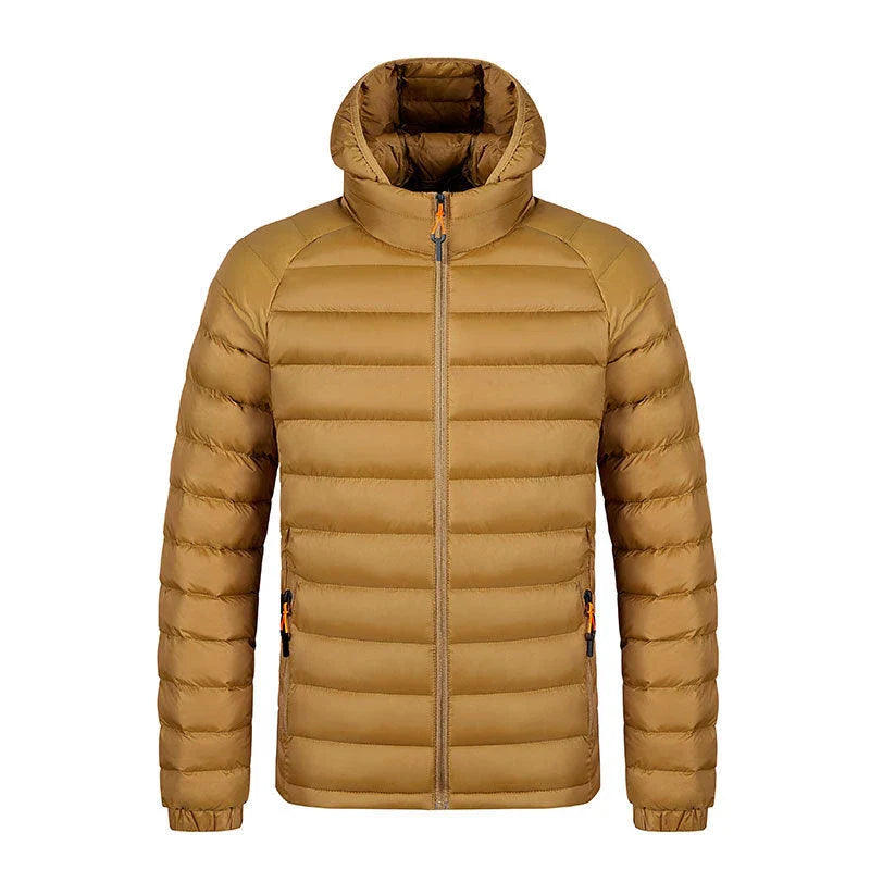 Versatile hooded jacket for men in various colors, featuring a lightweight and warm polyester design with a comfortable hood and convenient pockets.