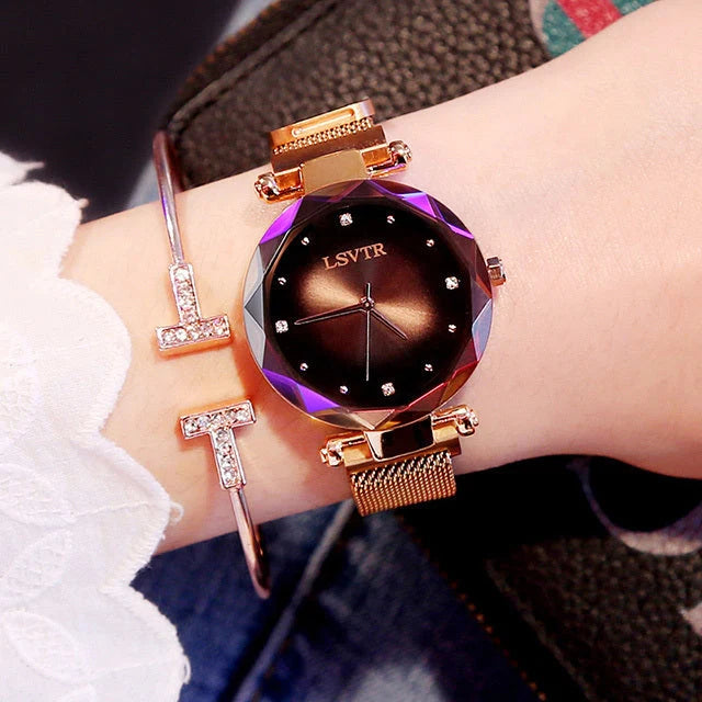 Rose gold women's starry sky magnet watch with diamond accents and waterproof design