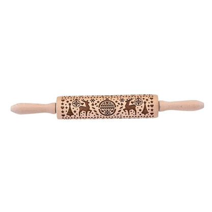 Christmas Snowflake Rolling Pin with detailed engraving on natural hardwood