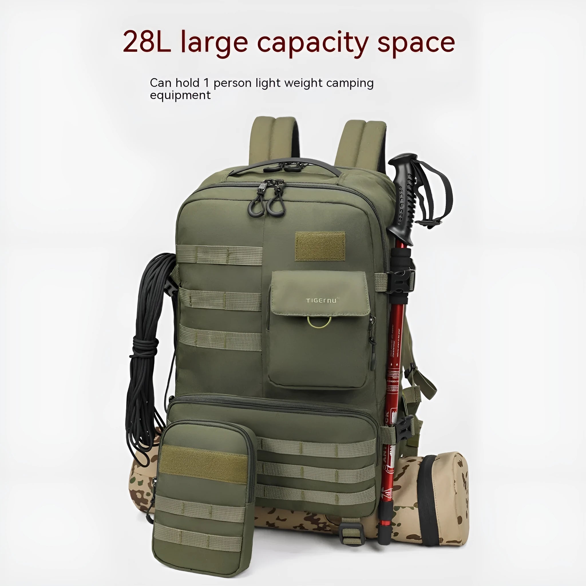 Army green tactical backpack with waterproof nylon construction showing front compartments