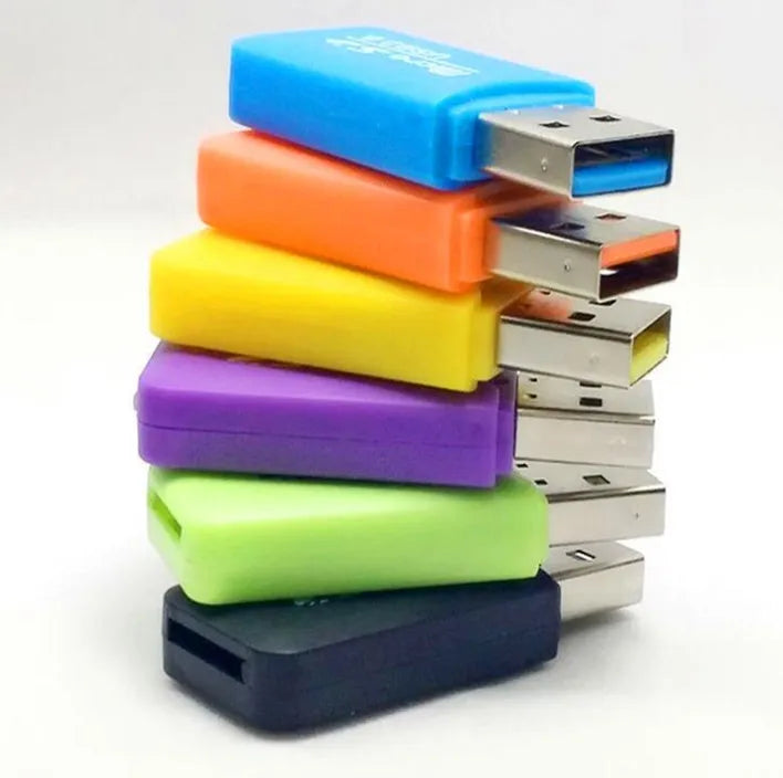 Mini USB TF Card Reader for microSD memory cards, shown with optional 16GB card and SD adapter.