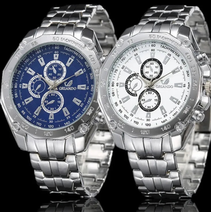 Men's stainless steel sport watch with 4cm dial and pointer display on a casual background