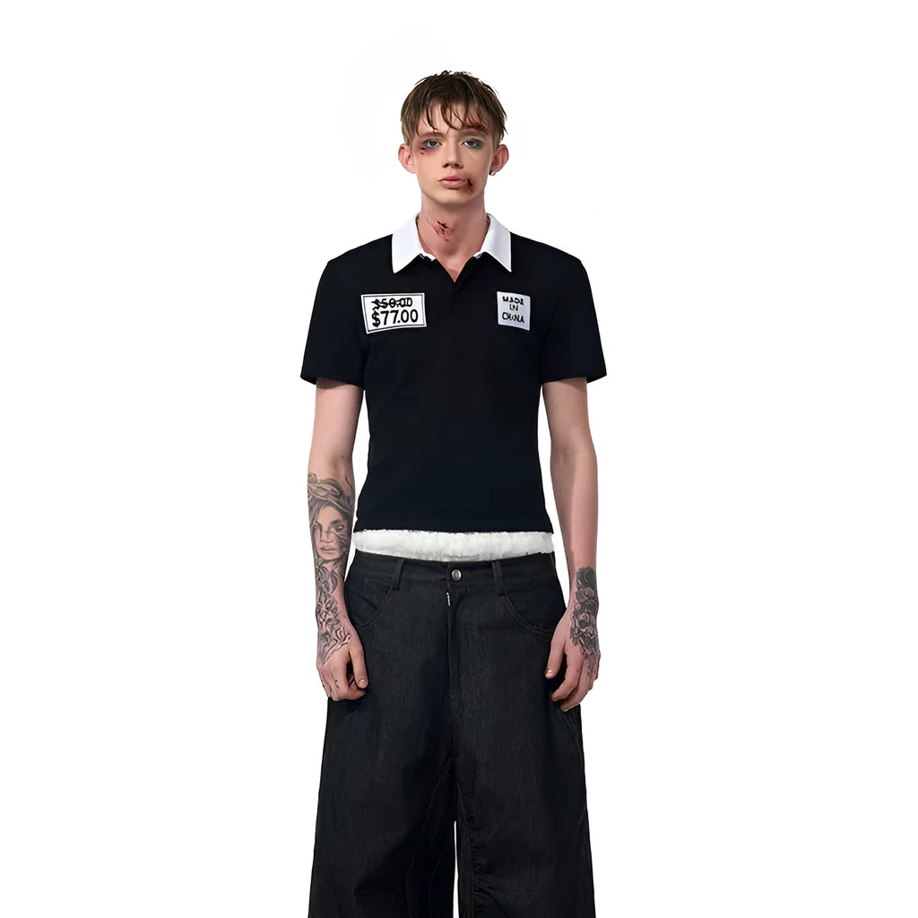 Black slim fit men's polo shirt with embroidery detail on the chest, featuring short sleeves and a polo collar.