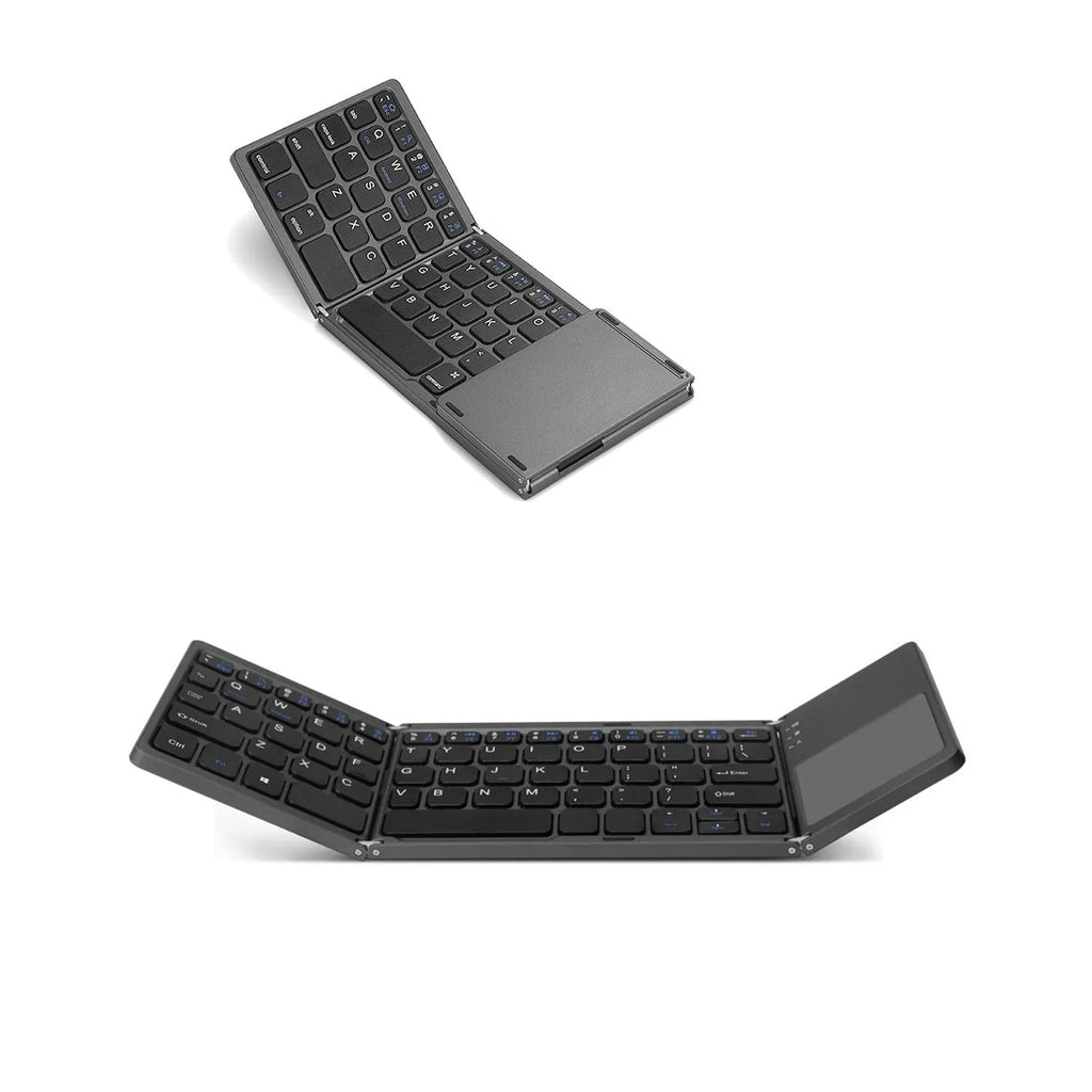 Black tri-fold Bluetooth keyboard shown open next to a smartphone, demonstrating its portable size.