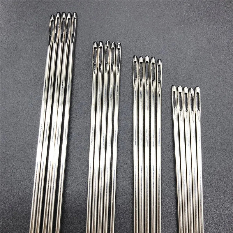Set of five long steel sewing needles with 1.8mm body thickness and 7mm eye in a pack