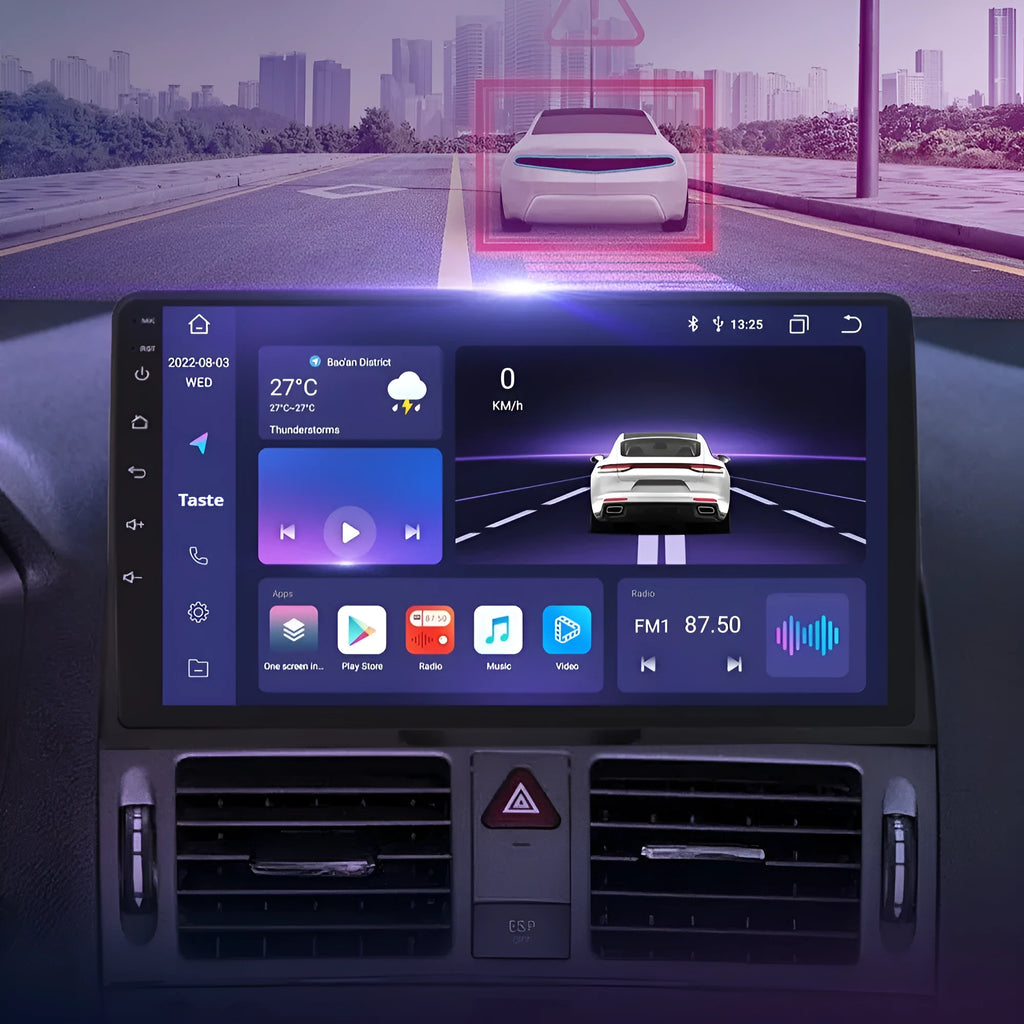 Mercedes C-Class W204 S204 9-inch car navigation system with GPS and Apple CarPlay on dashboard display