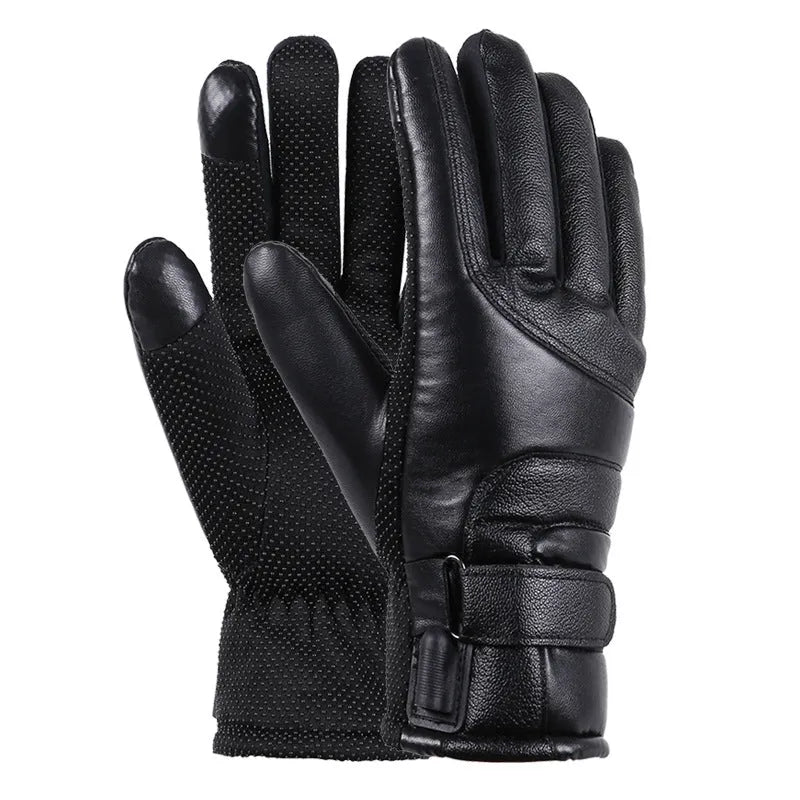 Winter electric heated gloves in black with adjustable palm sticker and touch screen compatible fingertips