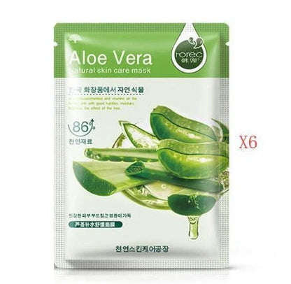 Aloe vera sheet mask on face showing 30g serum content and pre-cut eye and mouth openings