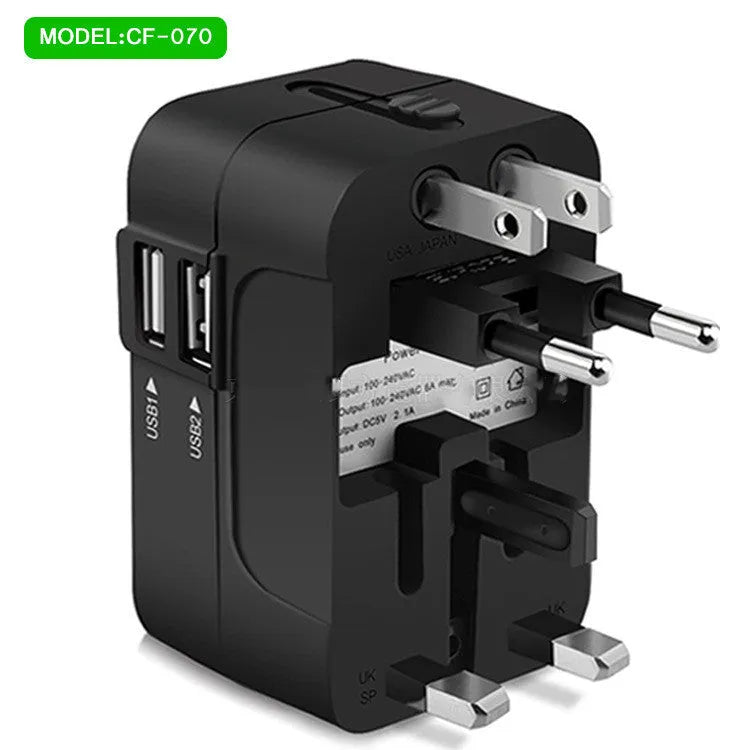 Global Pass Multi-function Travel Adapter in black with dual USB ports and foldable plugs