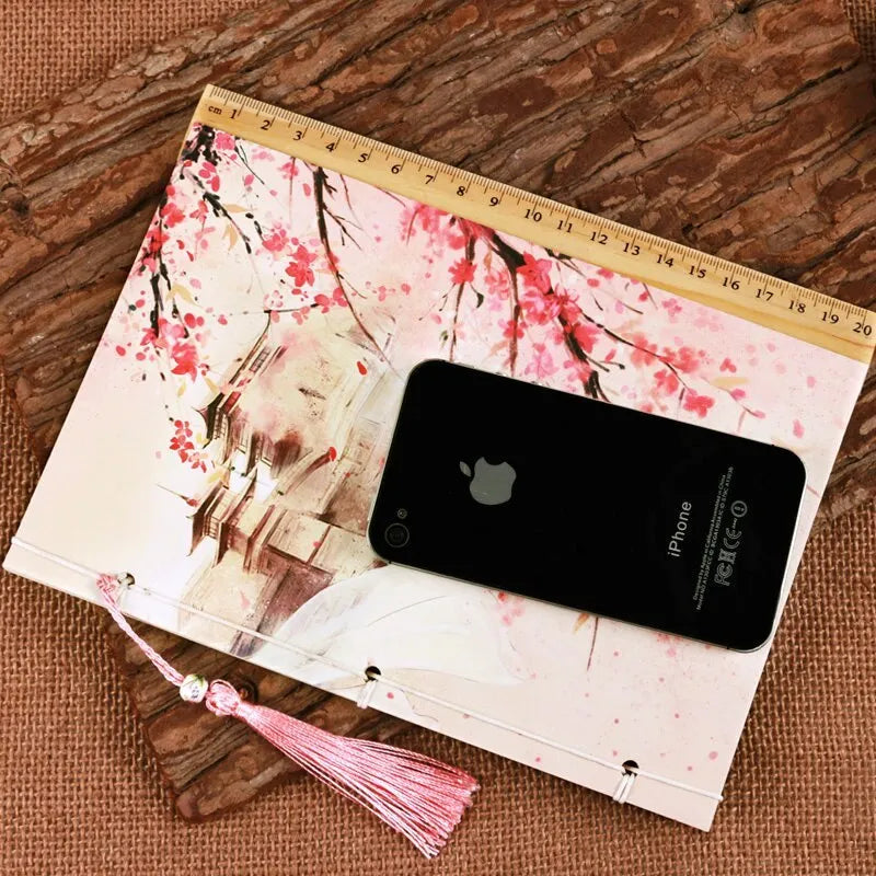 Watercolour azalea Chinese thread-bound notebook showing traditional binding and 208x140mm size