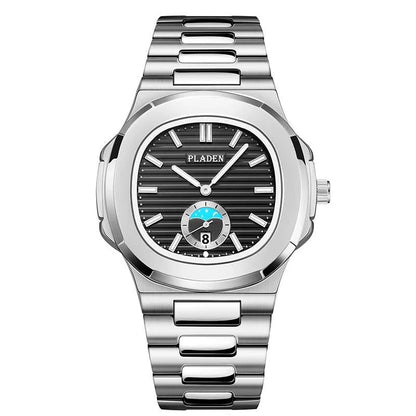 Men's waterproof quartz watch with stainless steel strap and luminous display
