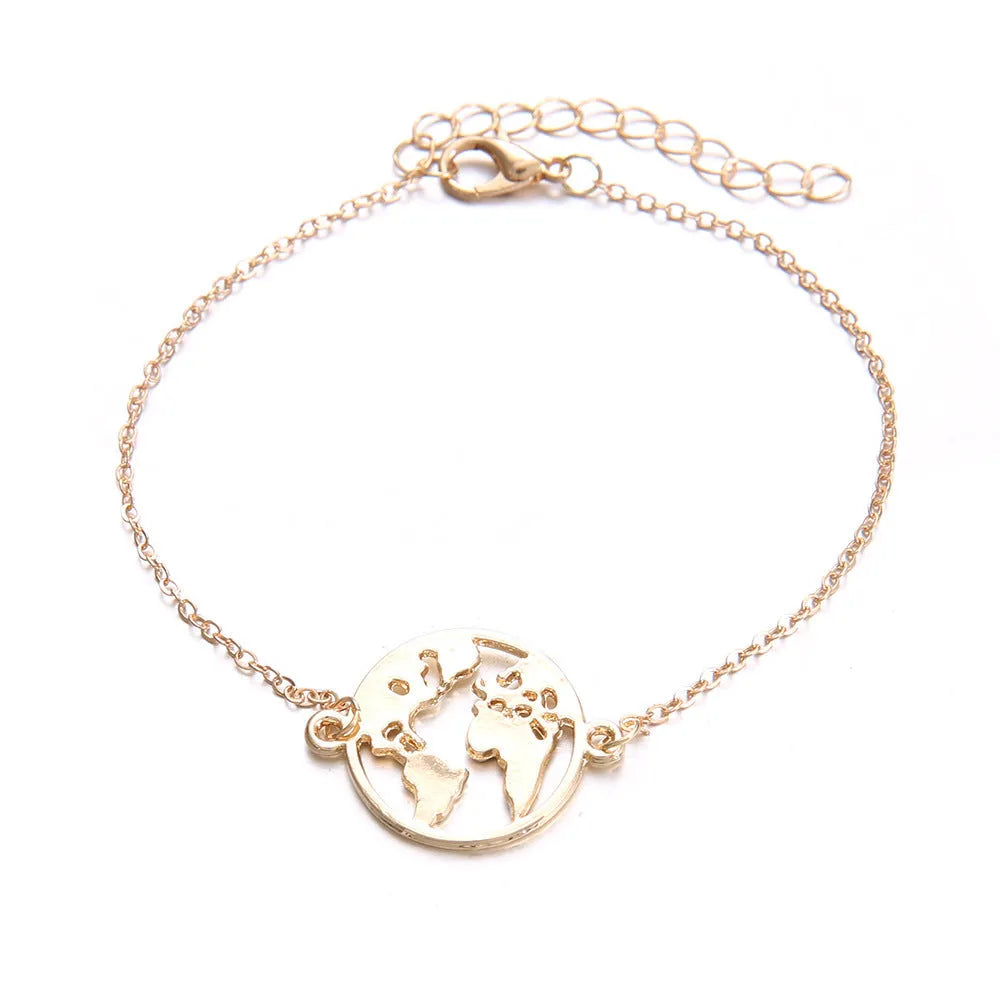 Set of three bohemian-style women's bracelets with heart-shaped aircraft map charms in alloy.