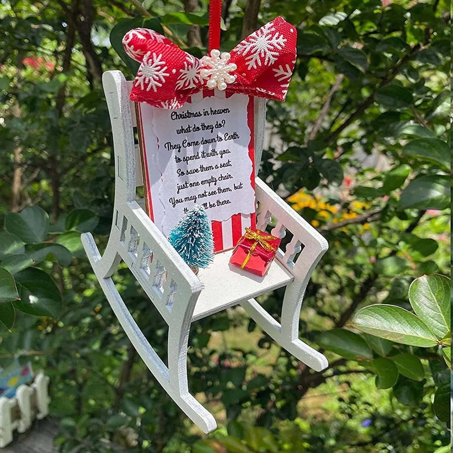 Heaven Chair Christmas Ornament in red, white, and wood colour for memorial decoration