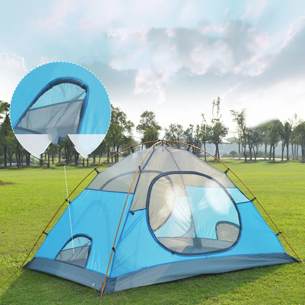 Wild couple tent in fruit green with spherical plaid outer and aluminium frame set up on grass