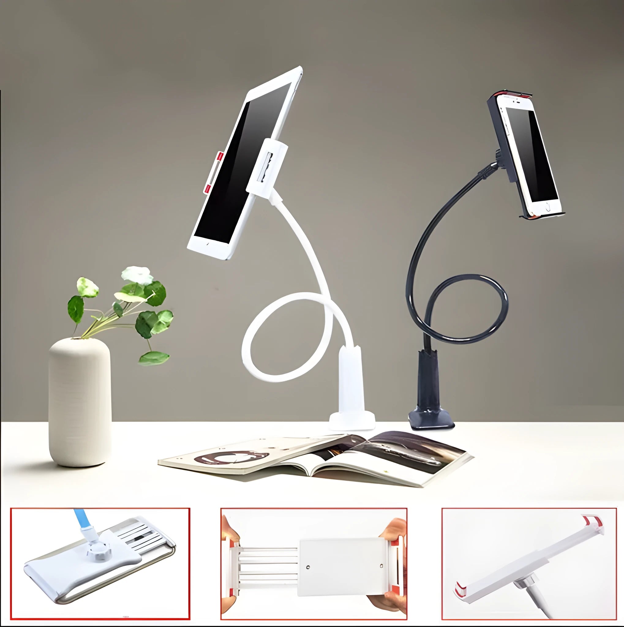 Black oversize flat panel phone stand with a long adjustable arm on a wooden table.