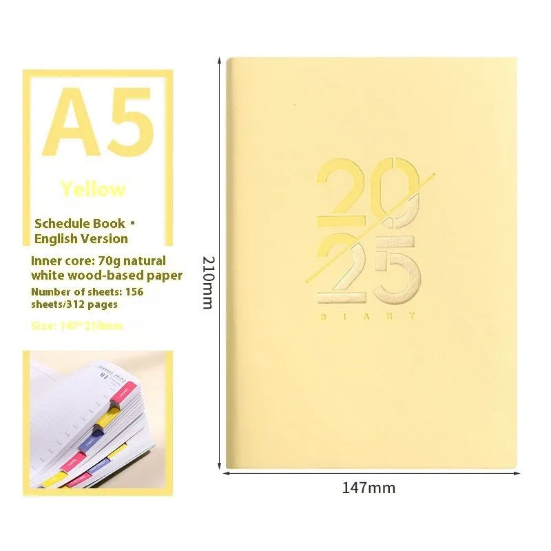 A5 2025 daily planner with soft faux leather cover in blue, green, pink, purple, or yellow.