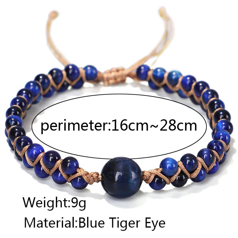 Handmade woven geometric bracelet with tiger eye stone beads and adjustable pull cord