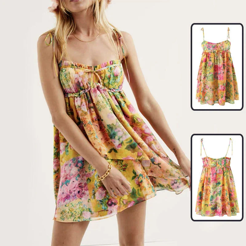 Stylish floral suspender dress with adjustable straps and playful ruffles, perfect for summer fun and fashion