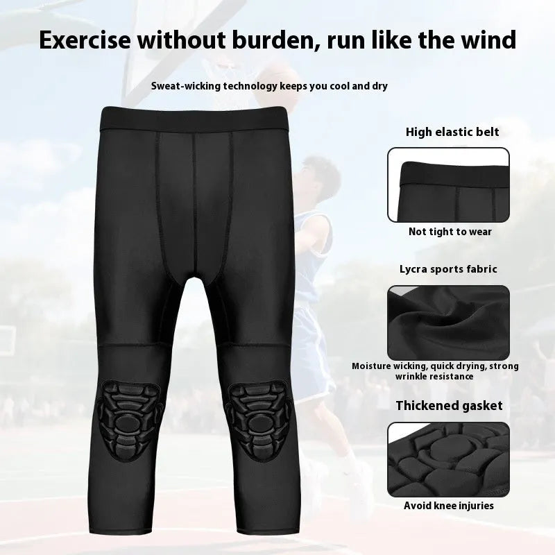 Men's basketball tight cropped leggings with integrated anti-collision knee pad, TWA 0205 Black
