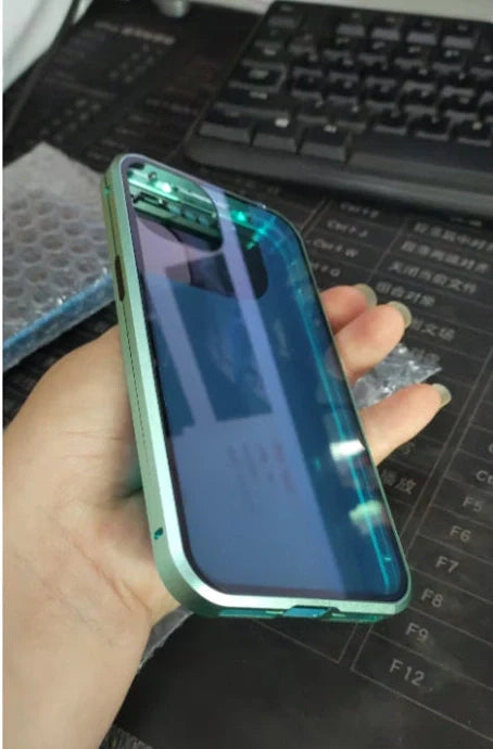 Magnetic privacy phone case showing 16-point closure system and anti-peep screen technology