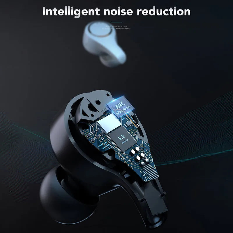 Black and white ANC active noise cancelling Bluetooth wireless earbuds with charging case
