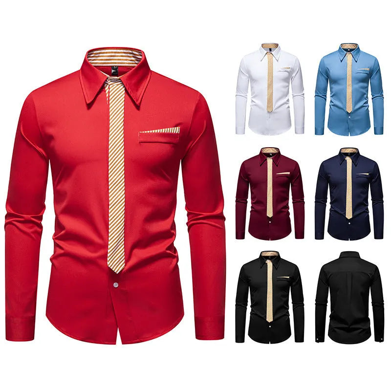 Men's polyester slim fit long-sleeved casual shirt in bright red, front view