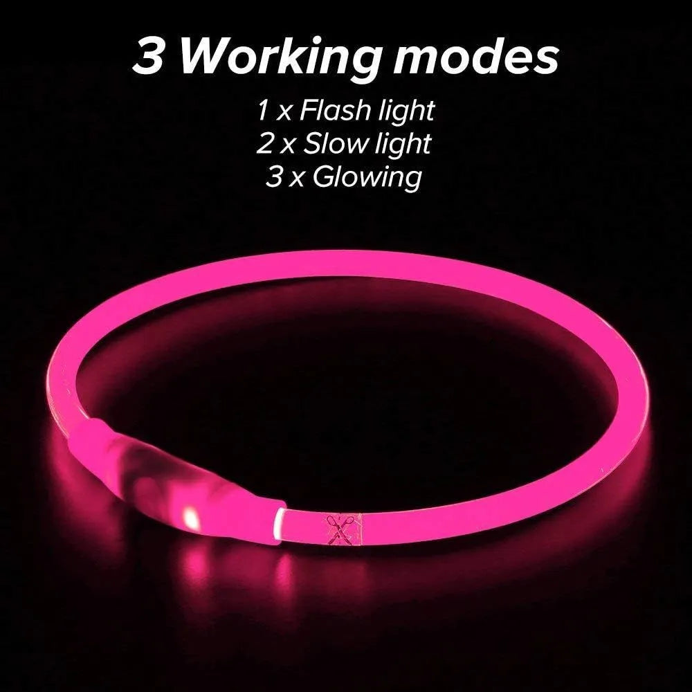 USB rechargeable LED light-up dog collar in blue, showing the light unit and adjustable TPU strap.
