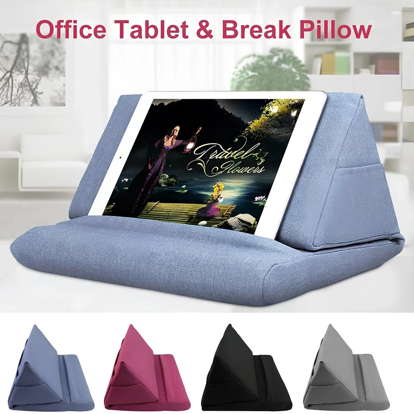 Candy-shaped beige tablet support pillow made of slow rebound foam, height over 25cm, for stable phone and tablet holding
