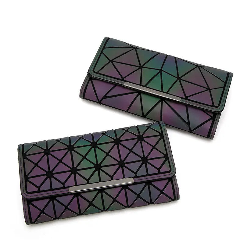 Women's long PU wallet with geometric luminous pattern open showing card slots and coin pocket, 20cmx10cmx2cm