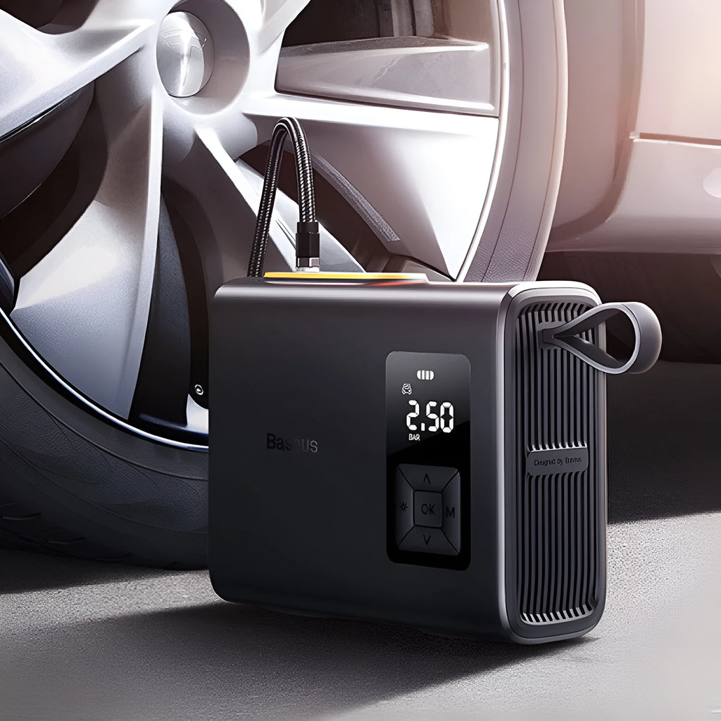 Black wireless car tyre inflator with LED light showing dimensions 230x64x99mm