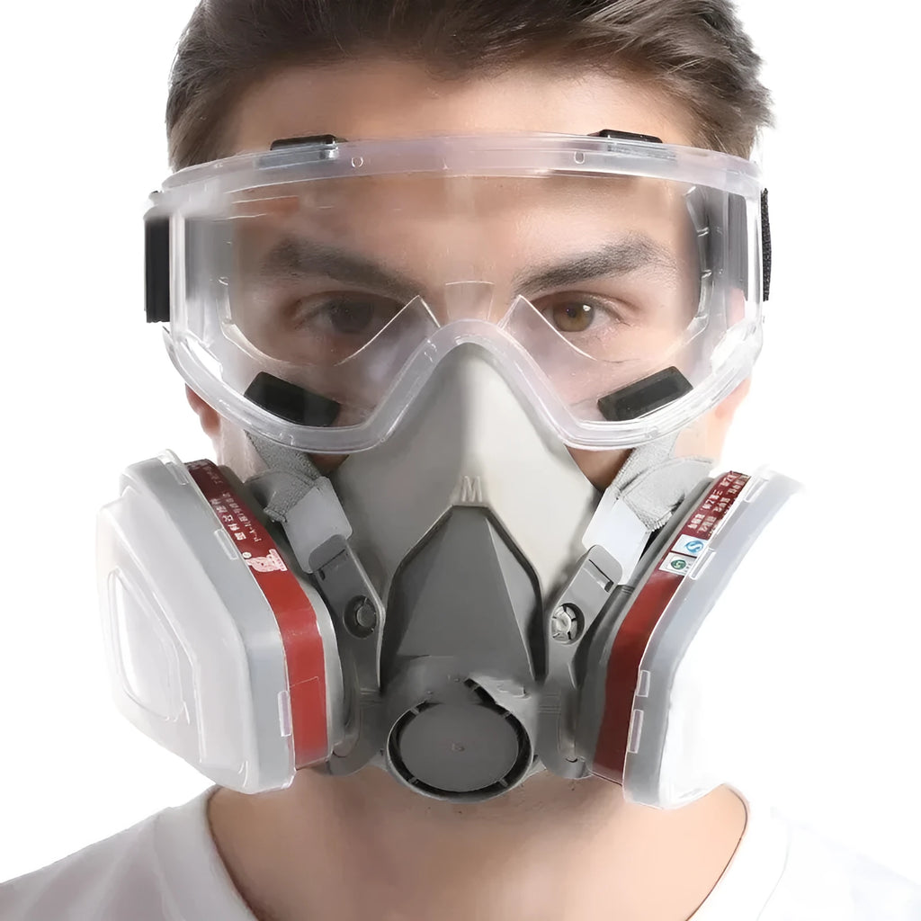 Original 6200 half face reusable respirator with anti-fog glasses and filtrating boxes on a white background