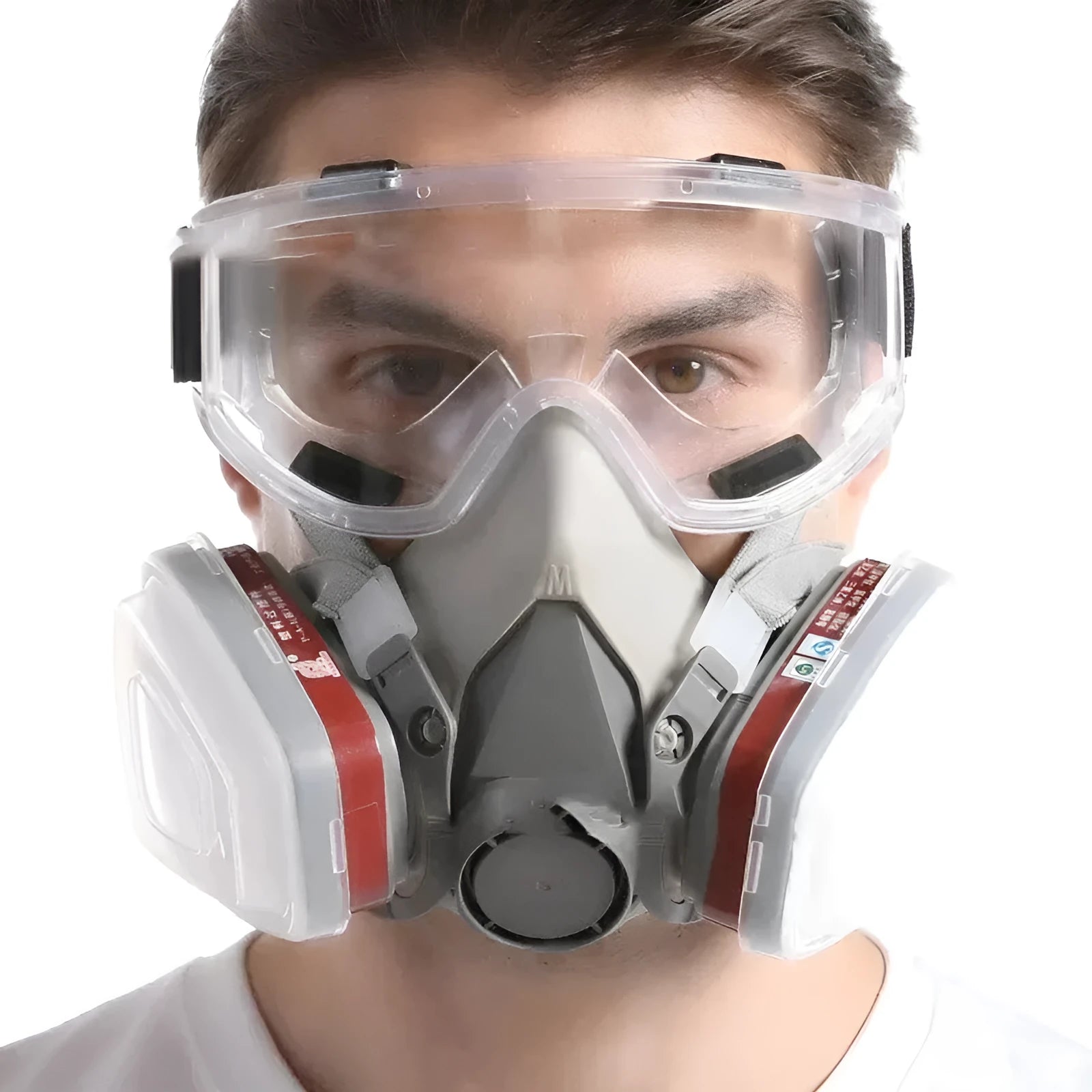 Original 6200 half face reusable respirator with anti-fog glasses and filtrating boxes on a white background