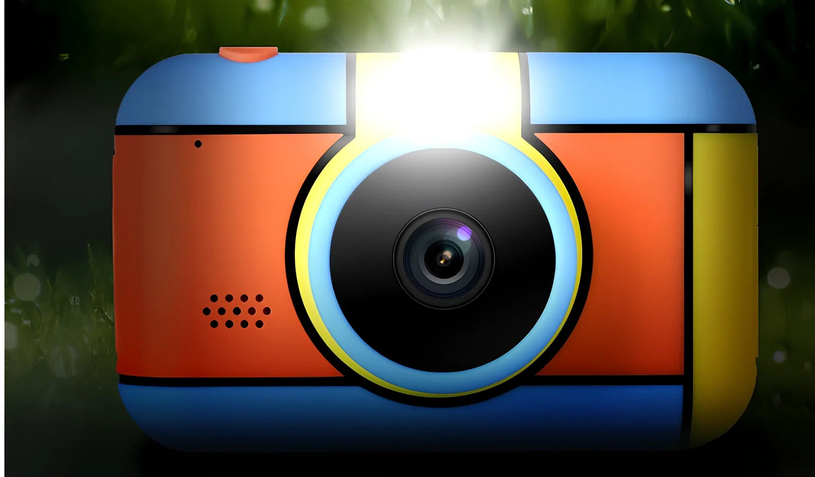 Children's 24MP digital camera in blue, showing 1080P video screen and 600mAh battery compartment, compact for small hands