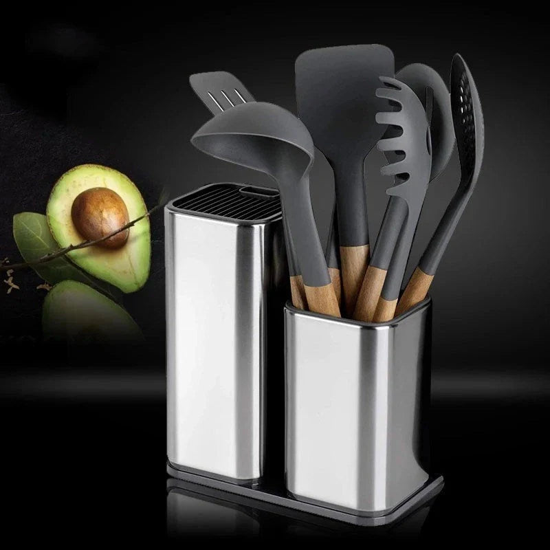 Stainless steel kitchen tool holder with detachable bottom in black and white