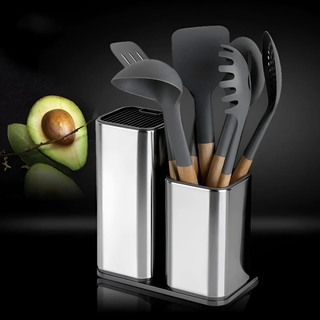 Black and white kitchen knife holder with storage bucket and detachable drainage base