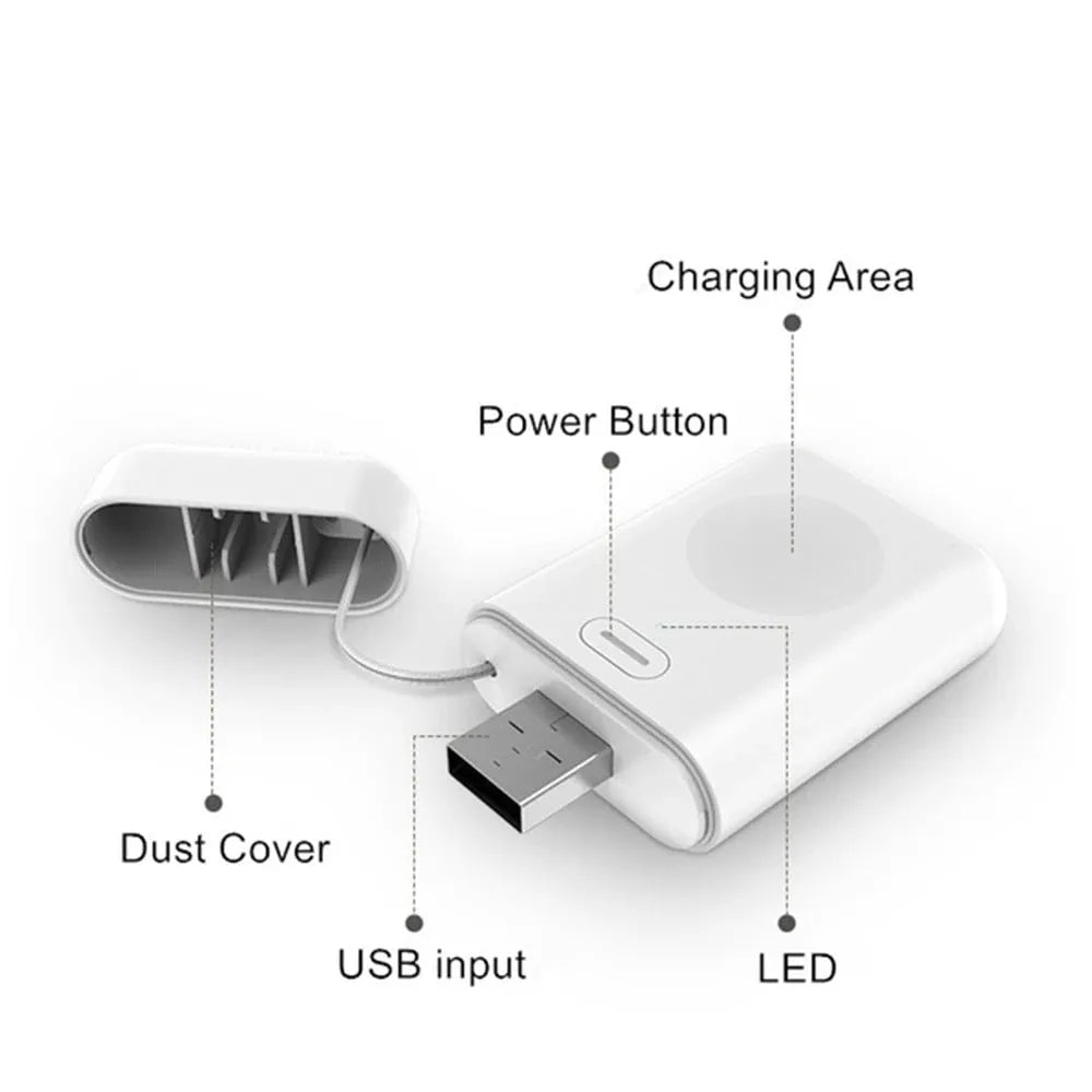 White magnetic wireless charger power bank for Apple Watch 1-5, 1000 mAh, compact size