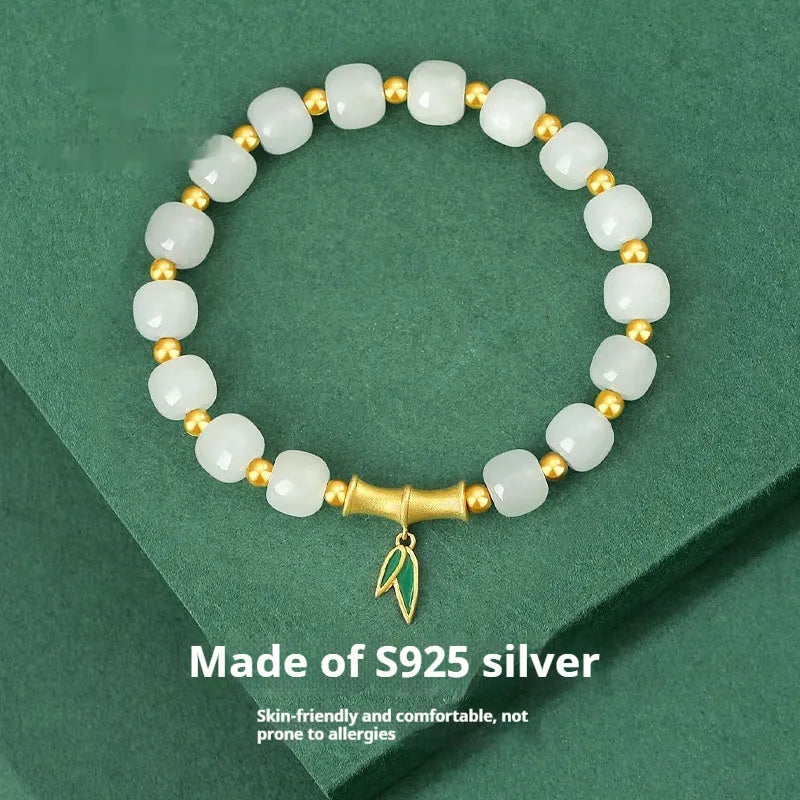 S925 sterling silver bracelet with natural Hetian jade beads carved with bamboo leaf motifs
